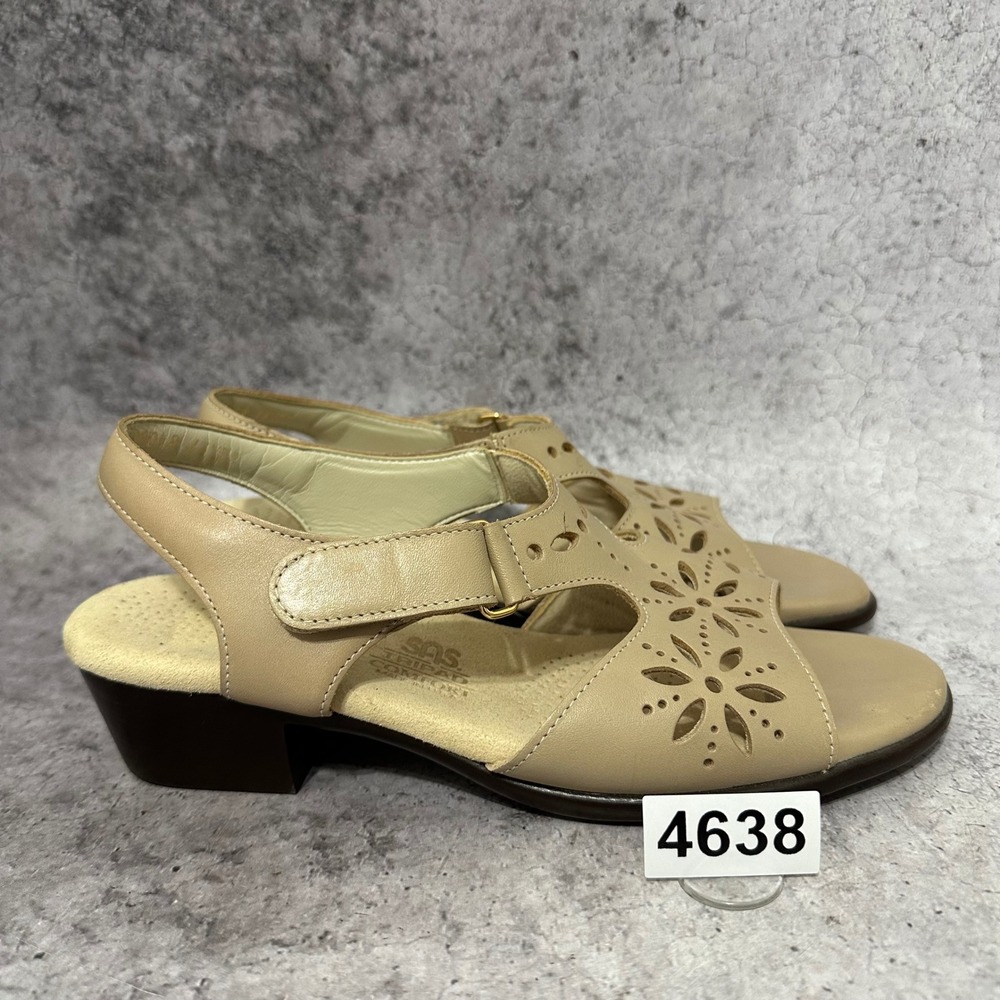 SAS Sunburst Sandals Womens 8 M Tan Leather Floral Cutout Low Block Heel